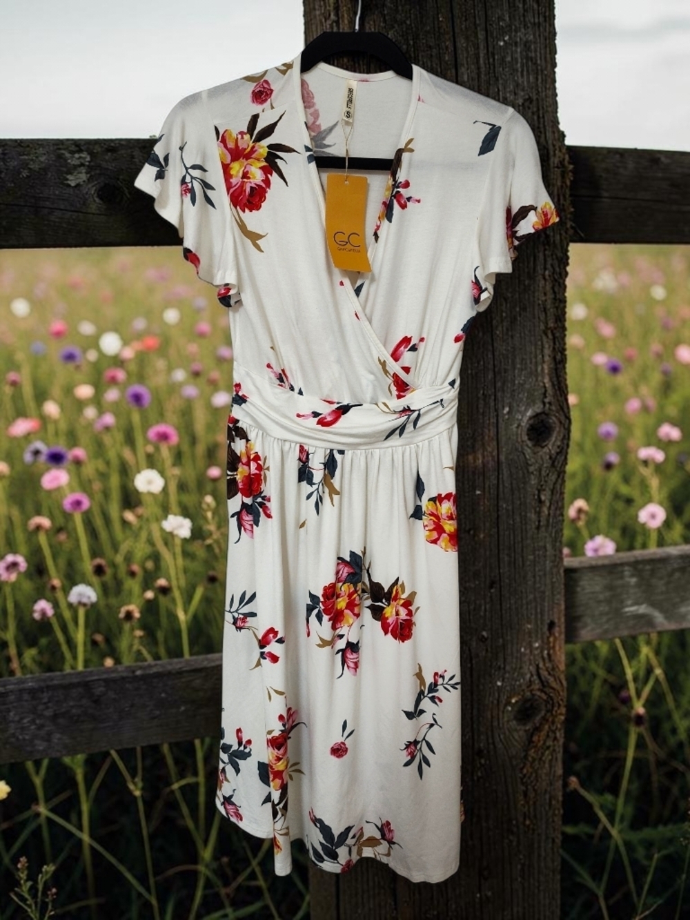 Grecerelle Floral Wrap Dress in Ivory with Red & Yellow Blooms, Small